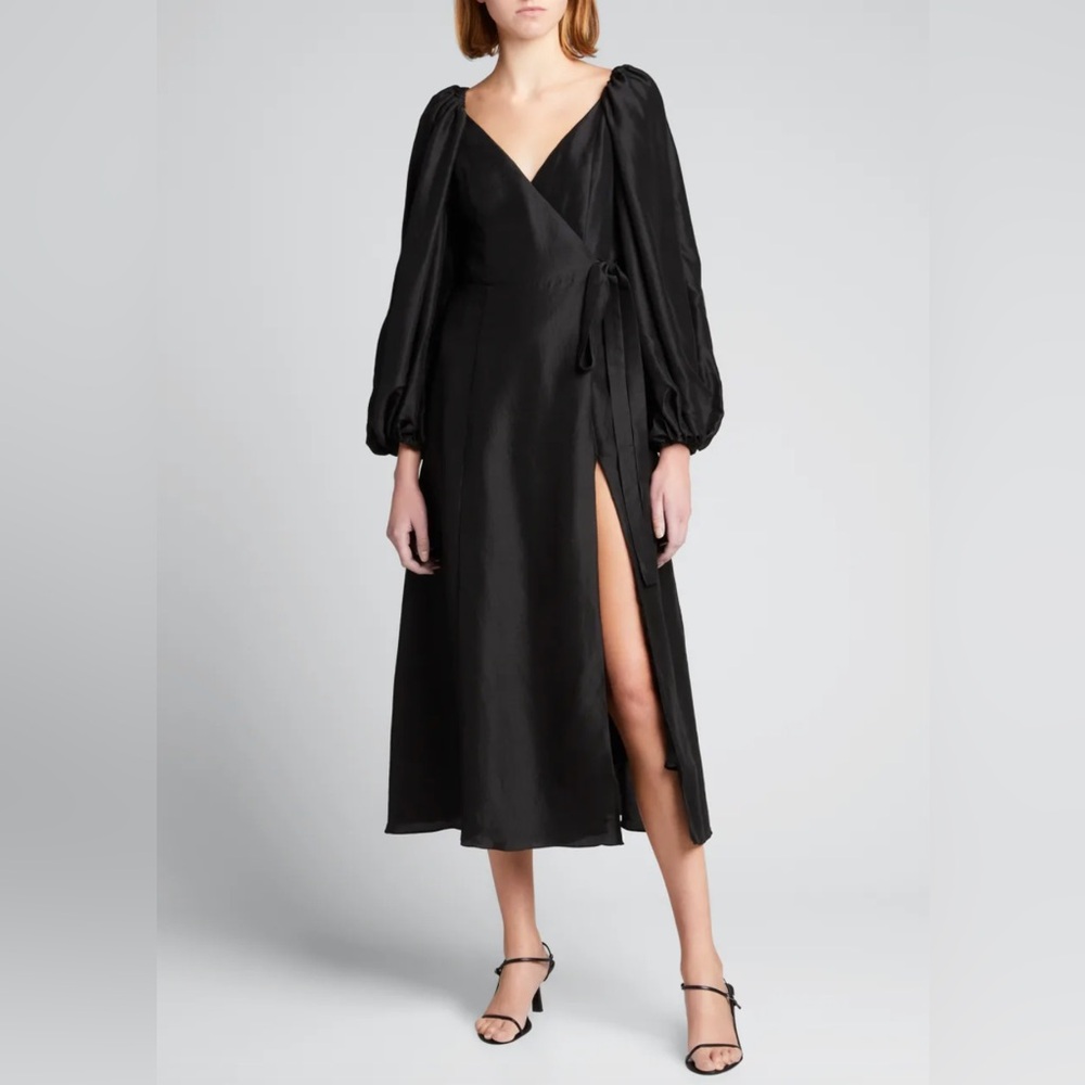 AZEEZA Black Silk Evette Blouson Puff Sleeve Wrap Midi Dress Size XS Bergdorf G